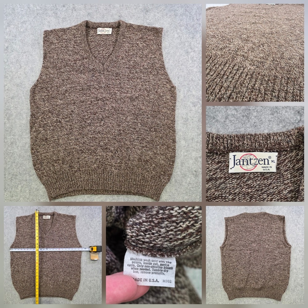 VTG Jantzen Sweater Vest Mens XL Brown‎ V Neck Tight Knit Pullover Made In USA